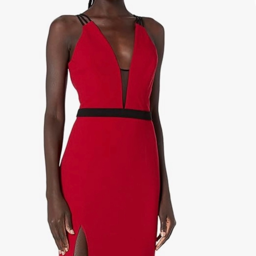 Red, high slit, evening gown